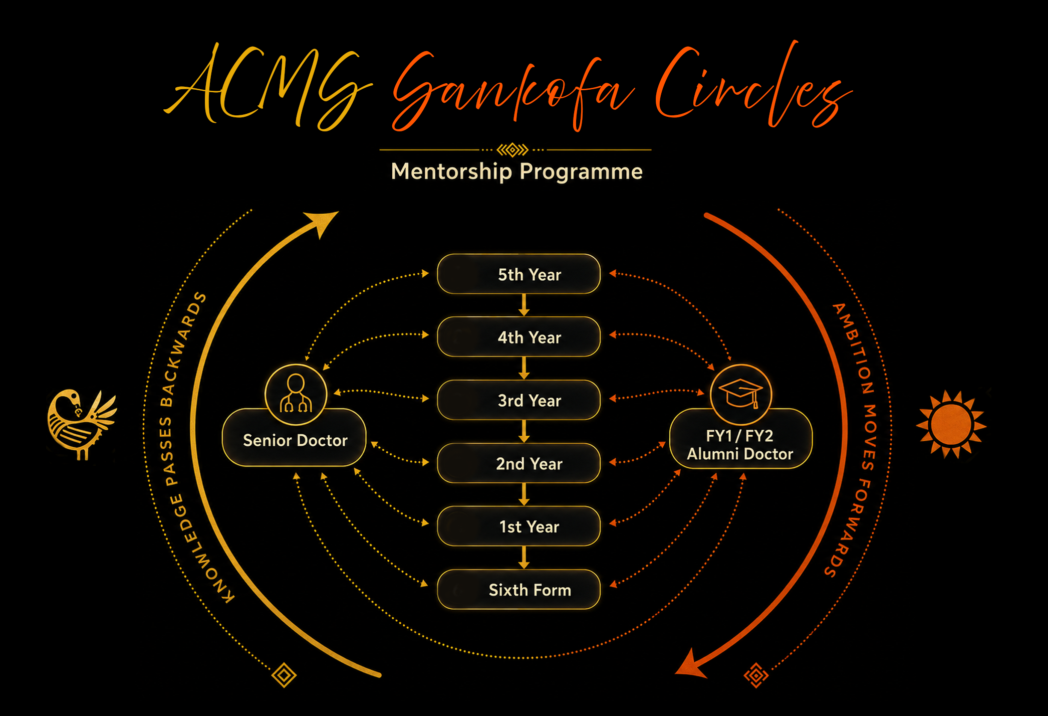 Diagram of a Sankofa Circle - mentorship connecting every stage from sixth form to senior doctor